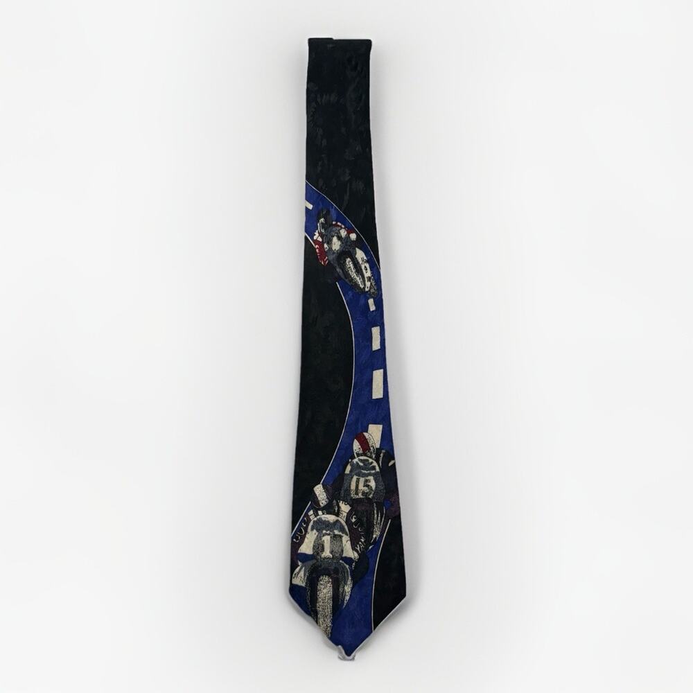 Flo Rence Tie Navy Blue Racing Bikes Motorcycles Street Race Silk